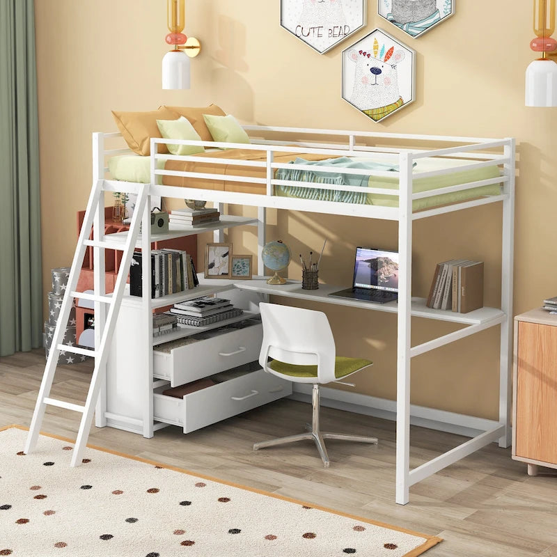Twin Size Metal Loft Bed with Desk and Shelves, Loft Bed Frame with Ladders, Two Built-in Storage Drawers, No Box Spring Needed