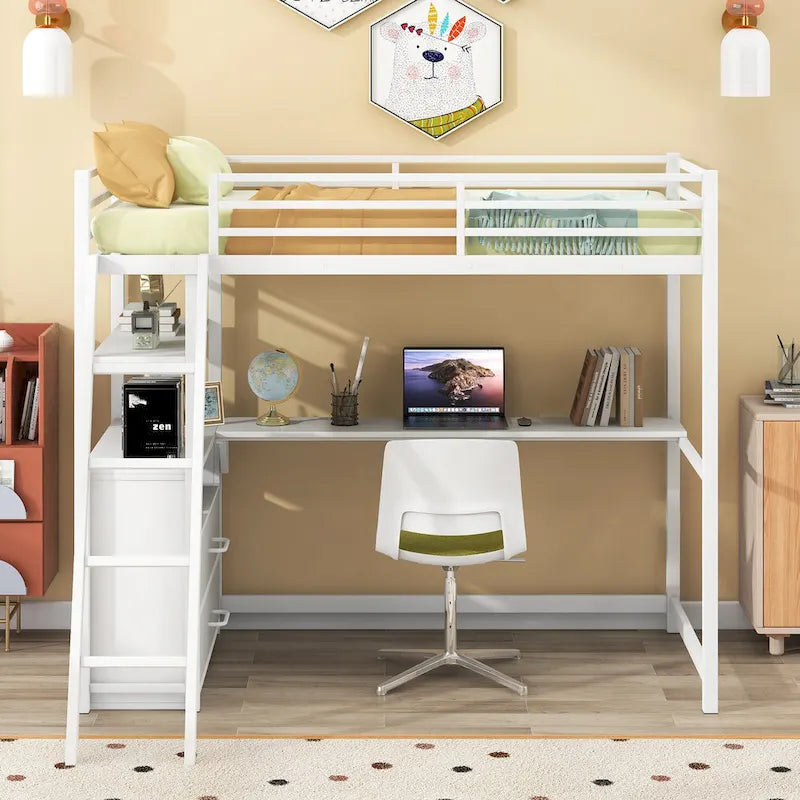 Lit mezzanine simple blanc en métal avec bureau, étagère supérieure, 2 tiroirs et étagères latérales