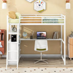 Lit mezzanine simple blanc en métal avec bureau, étagère supérieure, 2 tiroirs et étagères latérales