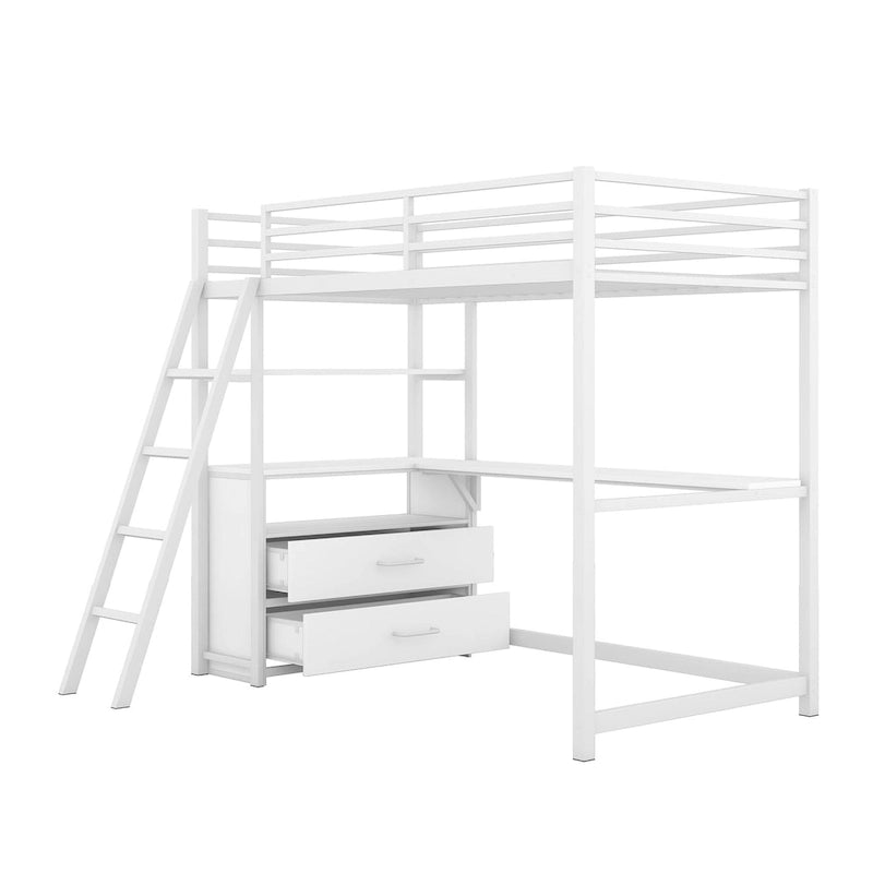 Lit mezzanine simple blanc en métal avec bureau, étagère supérieure, 2 tiroirs et étagères latérales