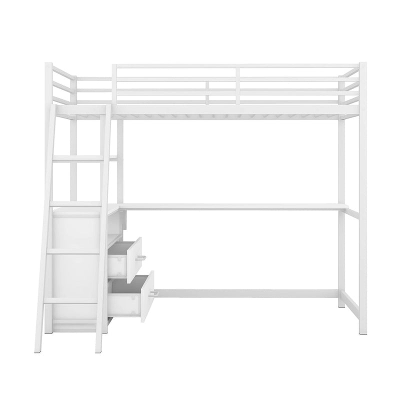 Lit mezzanine simple blanc en métal avec bureau, étagère supérieure, 2 tiroirs et étagères latérales