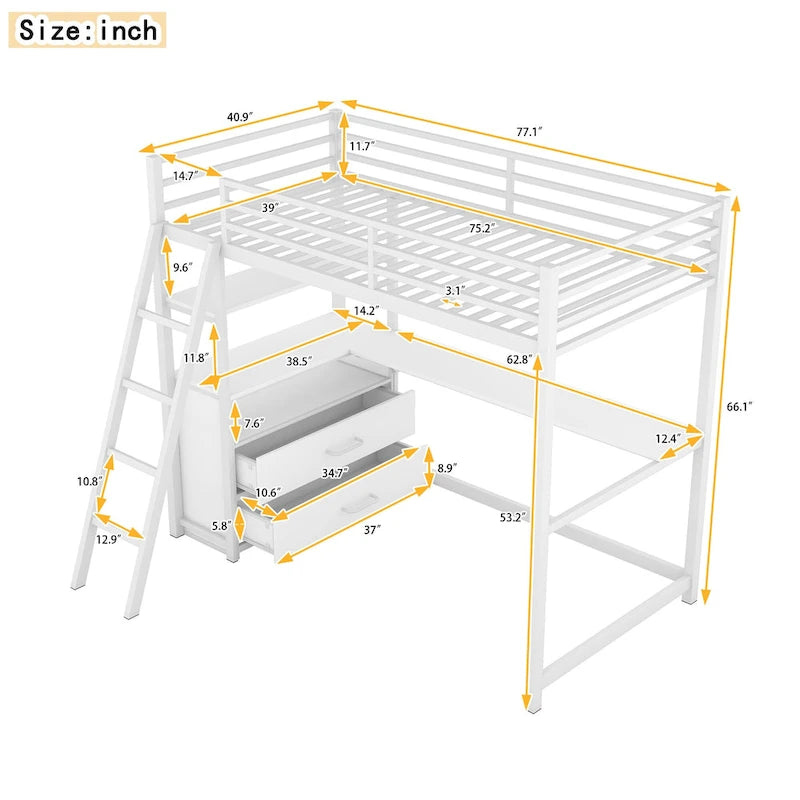 Lit mezzanine simple blanc en métal avec bureau, étagère supérieure, 2 tiroirs et étagères latérales