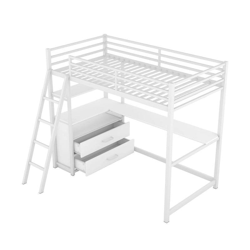 Lit mezzanine simple blanc en métal avec bureau, étagère supérieure, 2 tiroirs et étagères latérales