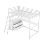 Lit mezzanine simple blanc en métal avec bureau, étagère supérieure, 2 tiroirs et étagères latérales
