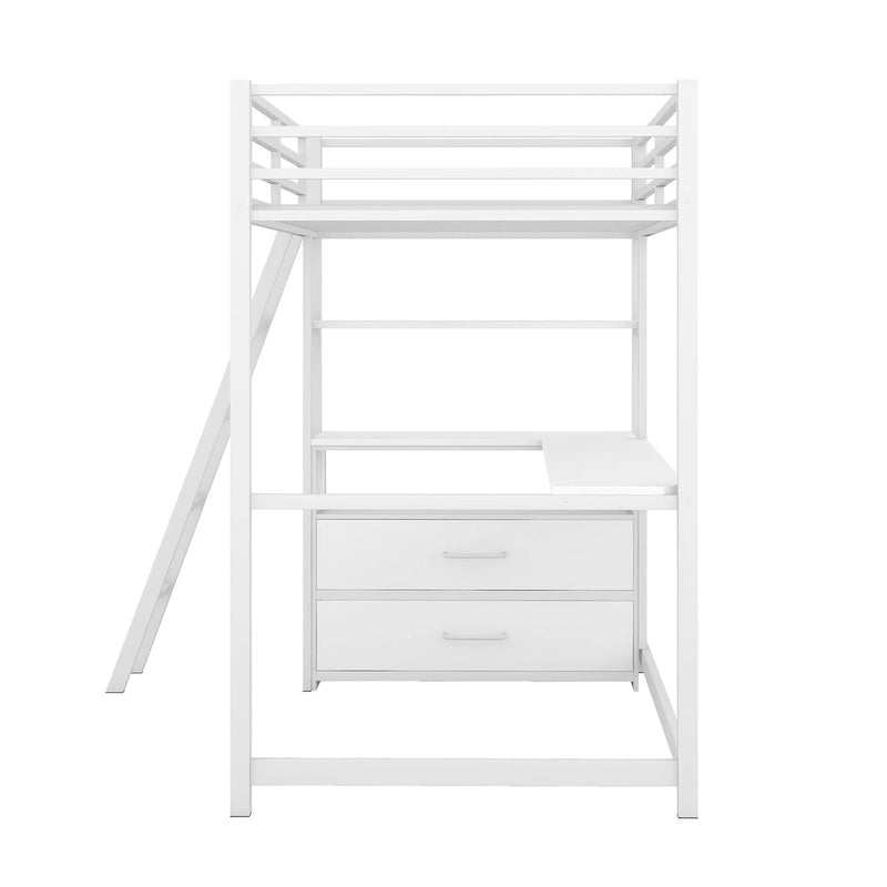Lit mezzanine simple blanc en métal avec bureau, étagère supérieure, 2 tiroirs et étagères latérales