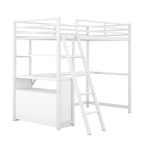Lit mezzanine simple blanc en métal avec bureau, étagère supérieure, 2 tiroirs et étagères latérales