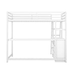 Lit mezzanine simple blanc en métal avec bureau, étagère supérieure, 2 tiroirs et étagères latérales