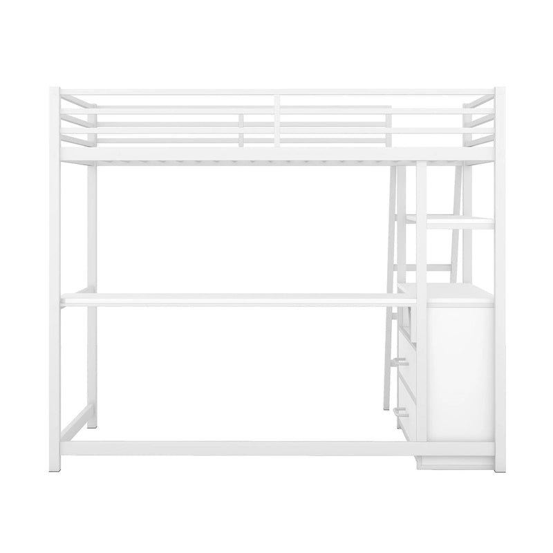Lit mezzanine simple blanc en métal avec bureau, étagère supérieure, 2 tiroirs et étagères latérales