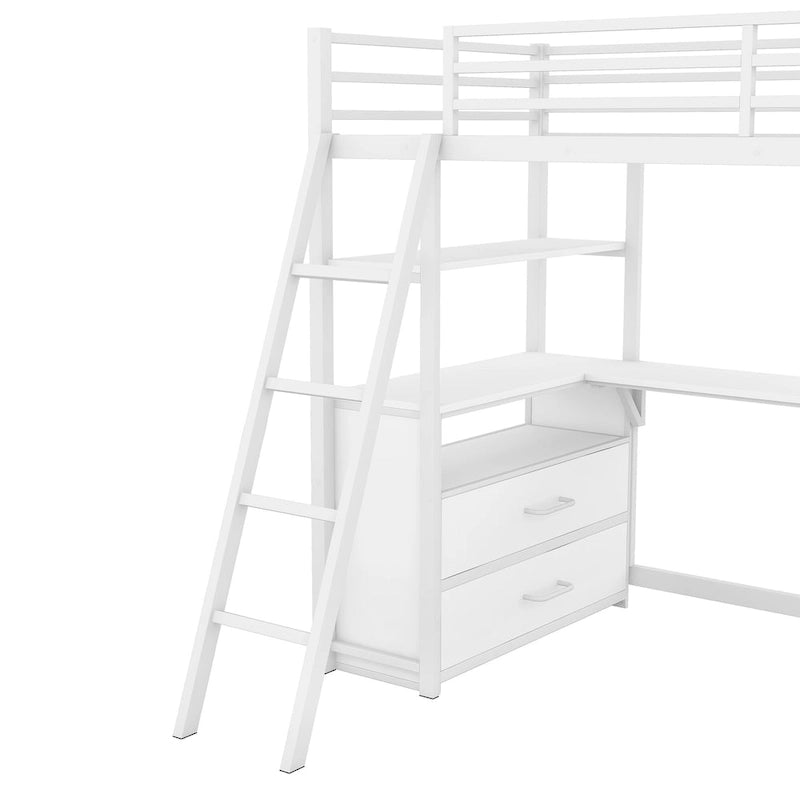 Lit mezzanine simple blanc en métal avec bureau, étagère supérieure, 2 tiroirs et étagères latérales