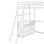 Lit mezzanine simple blanc en métal avec bureau, étagère supérieure, 2 tiroirs et étagères latérales