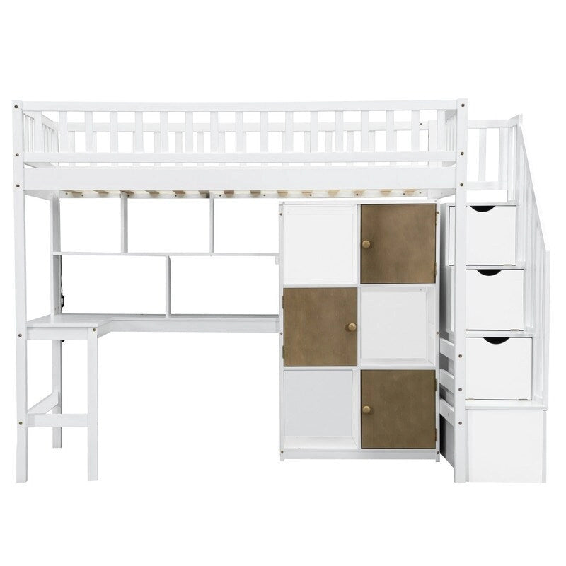 Lit mezzanine simple blanc en pin massif avec bureau en L, éclairage LED, étagère à 2 niveaux, 6 armoires et escalier de rangement