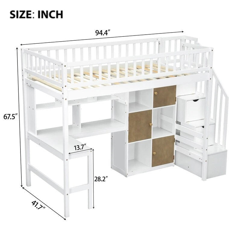 Lit mezzanine simple blanc en pin massif avec bureau en L, éclairage LED, étagère à 2 niveaux, 6 armoires et escalier de rangement