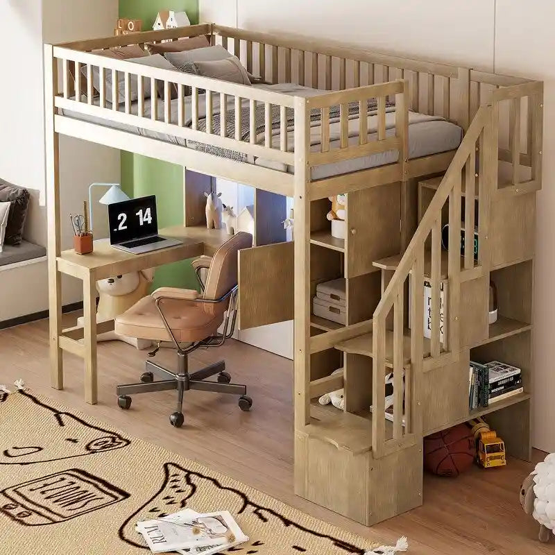Lit mezzanine simple blanc en pin massif avec bureau en L, éclairage LED, étagère à 2 niveaux, 6 armoires et escalier de rangement