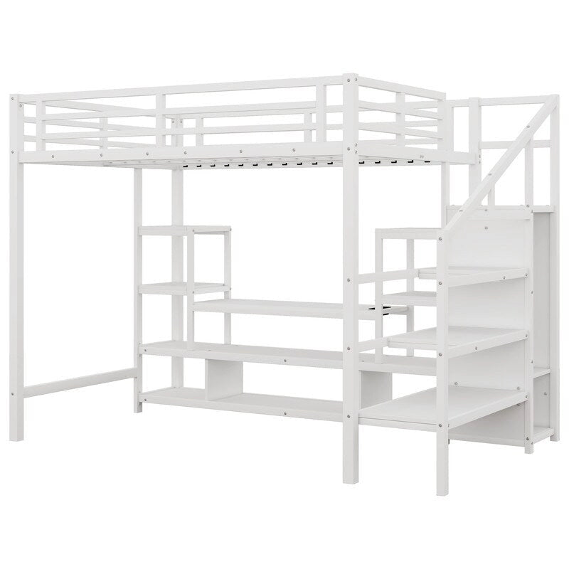 Lit mezzanine en métal pleine grandeur avec meuble TV, escalier et armoire
