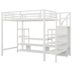 Lit mezzanine en métal pleine grandeur avec meuble TV, escalier et armoire