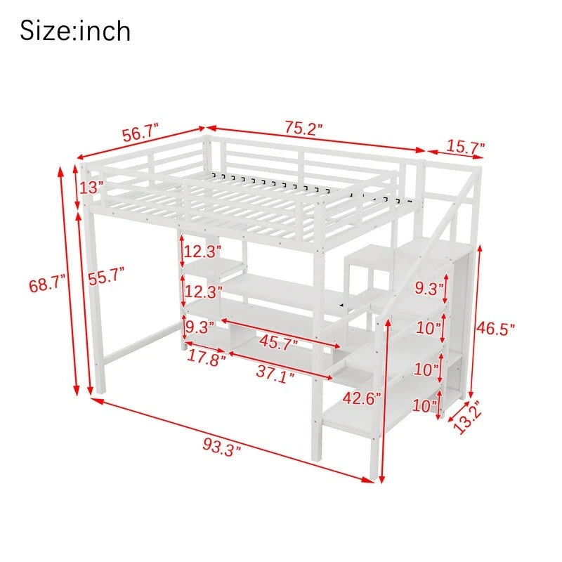 Lit mezzanine en métal pleine grandeur avec meuble TV, escalier et armoire
