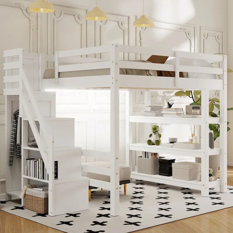 Lit mezzanine blanc en pin massif de taille standard avec étagères à 4 niveaux, escalier de rangement, tringle à vêtements et éclairage LED sous le lit