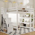 Lit mezzanine blanc en pin massif de taille standard avec étagères à 4 niveaux, escalier de rangement, tringle à vêtements et éclairage LED sous le lit