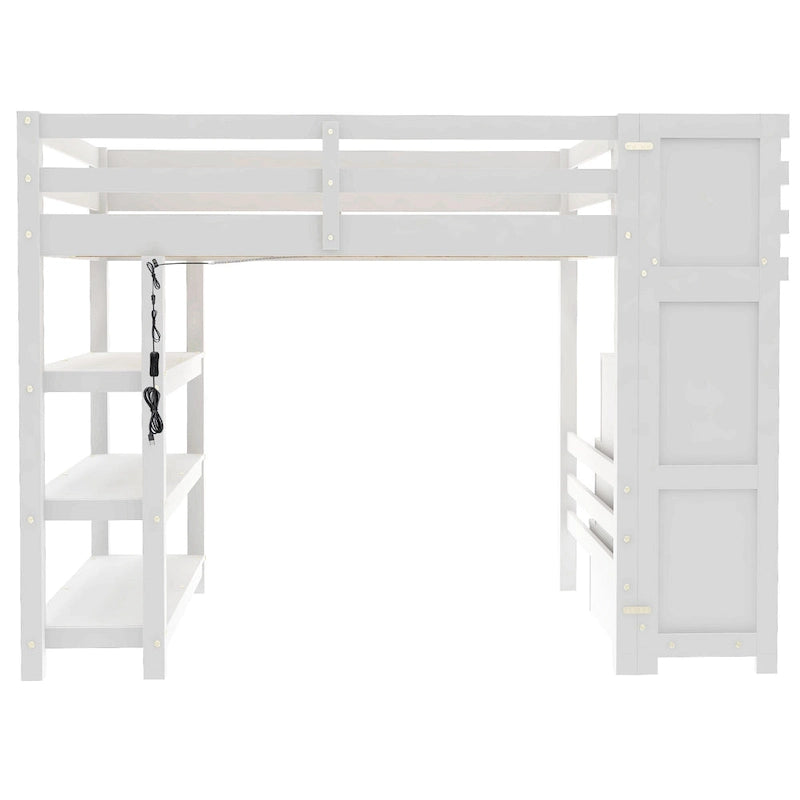 Lit mezzanine blanc en pin massif de taille standard avec étagères à 4 niveaux, escalier de rangement, tringle à vêtements et éclairage LED sous le lit