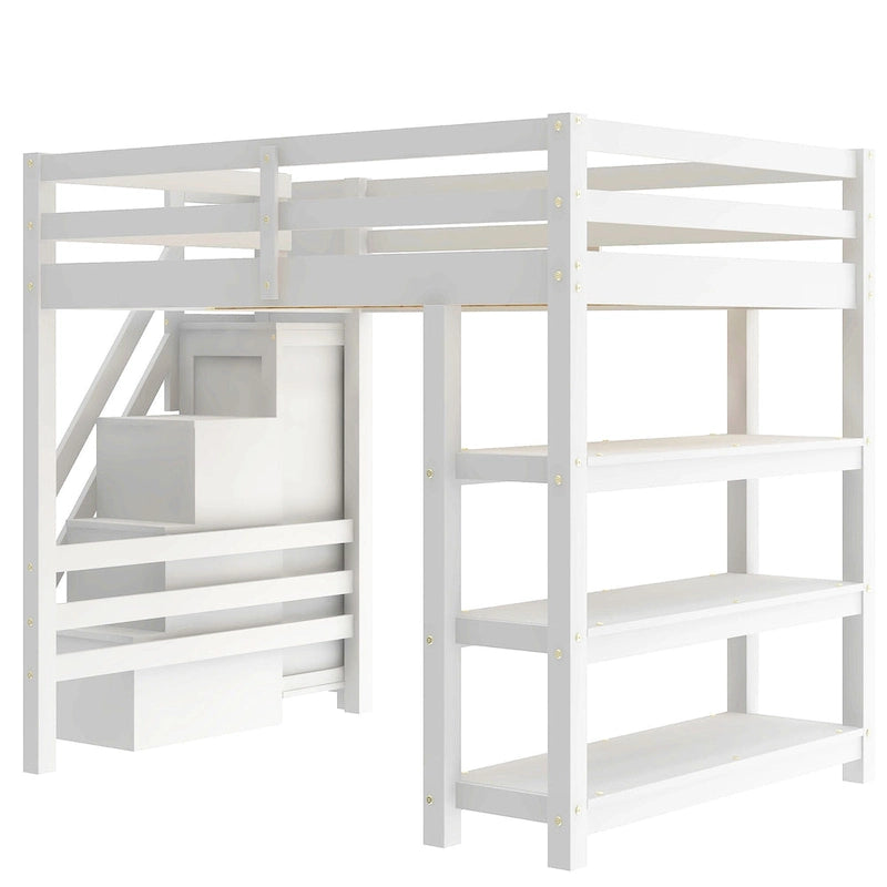 Lit mezzanine blanc en pin massif de taille standard avec étagères à 4 niveaux, escalier de rangement, tringle à vêtements et éclairage LED sous le lit