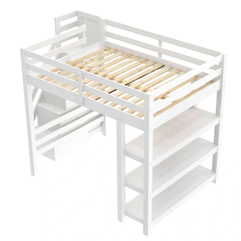 Lit mezzanine blanc en pin massif de taille standard avec étagères à 4 niveaux, escalier de rangement, tringle à vêtements et éclairage LED sous le lit