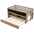 Lit superposé simple bas en bois de pin massif noyer avec lit gigogne, panneau ardoise, étagères à 2 niveaux et bibliothèque en forme de maison