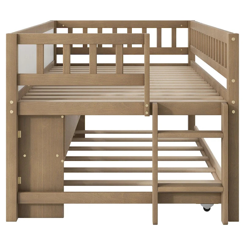 Lit superposé simple bas en bois de pin massif noyer avec lit gigogne, panneau ardoise, étagères à 2 niveaux et bibliothèque en forme de maison