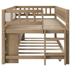 Lit superposé simple bas en bois de pin massif noyer avec lit gigogne, panneau ardoise, étagères à 2 niveaux et bibliothèque en forme de maison