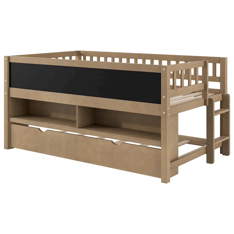 Lit superposé simple bas en bois de pin massif noyer avec lit gigogne, panneau ardoise, étagères à 2 niveaux et bibliothèque en forme de maison