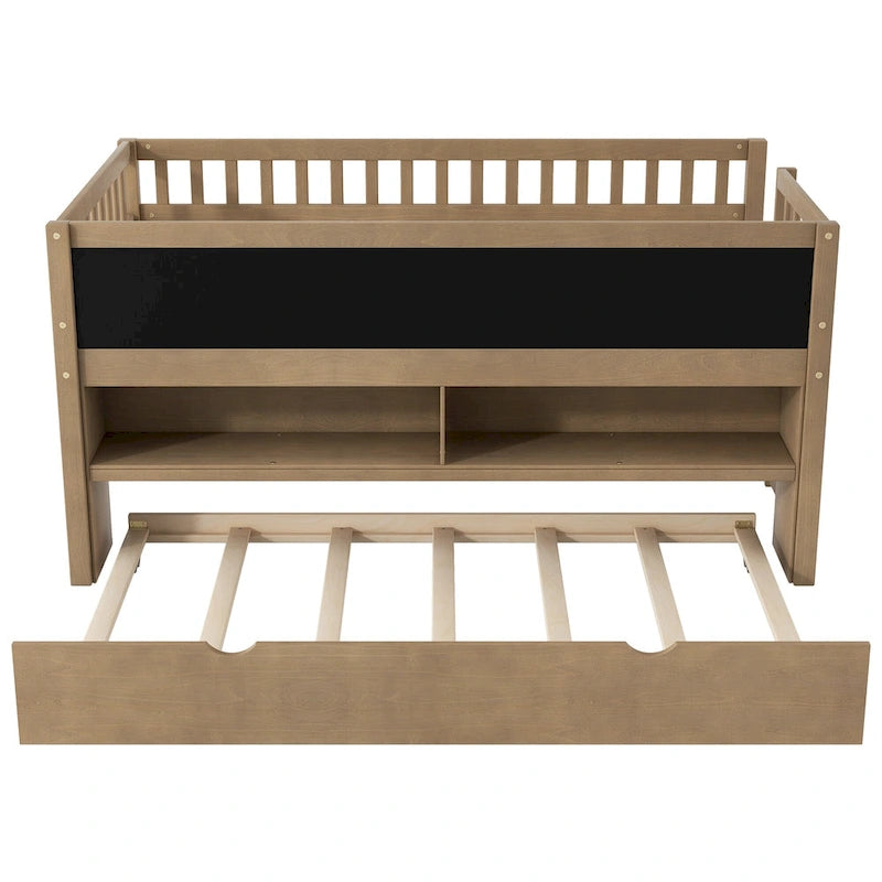 Lit superposé simple bas en bois de pin massif noyer avec lit gigogne, panneau ardoise, étagères à 2 niveaux et bibliothèque en forme de maison