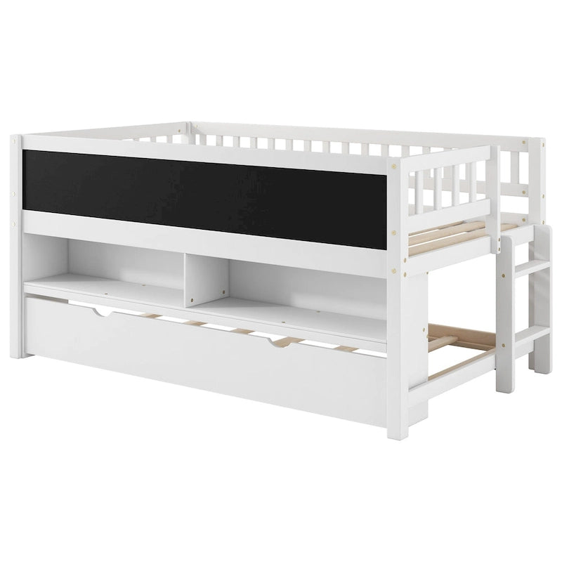 Lit superposé simple bas en bois de pin massif noyer avec lit gigogne, panneau ardoise, étagères à 2 niveaux et bibliothèque en forme de maison