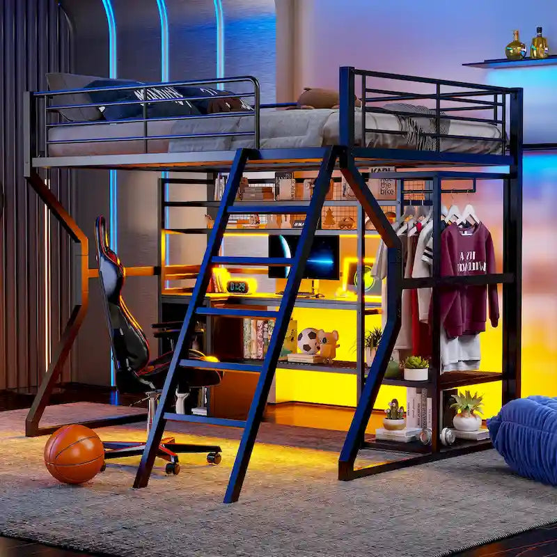 Lit mezzanine double en métal avec bureau, éclairage LED RVB, station de recharge, armoire ouverte et étagères de rangement
