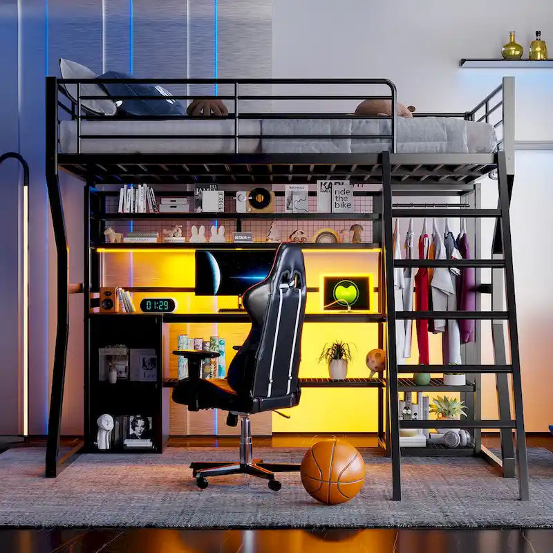 Lit mezzanine double en métal avec bureau, éclairage LED RVB, station de recharge, armoire ouverte et étagères de rangement