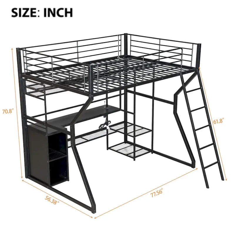 Lit mezzanine double en métal avec bureau, éclairage LED RVB, station de recharge, armoire ouverte et étagères de rangement