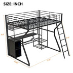 Lit mezzanine double en métal avec bureau, éclairage LED RVB, station de recharge, armoire ouverte et étagères de rangement