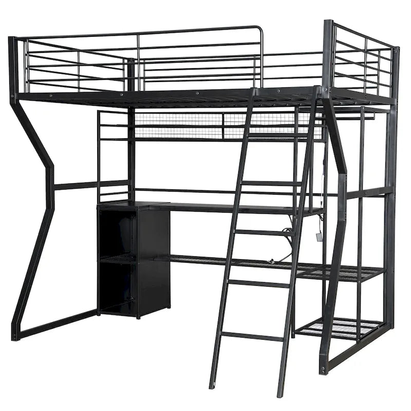 Lit mezzanine double en métal avec bureau, éclairage LED RVB, station de recharge, armoire ouverte et étagères de rangement
