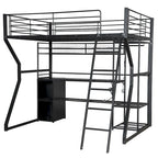 Lit mezzanine double en métal avec bureau, éclairage LED RVB, station de recharge, armoire ouverte et étagères de rangement