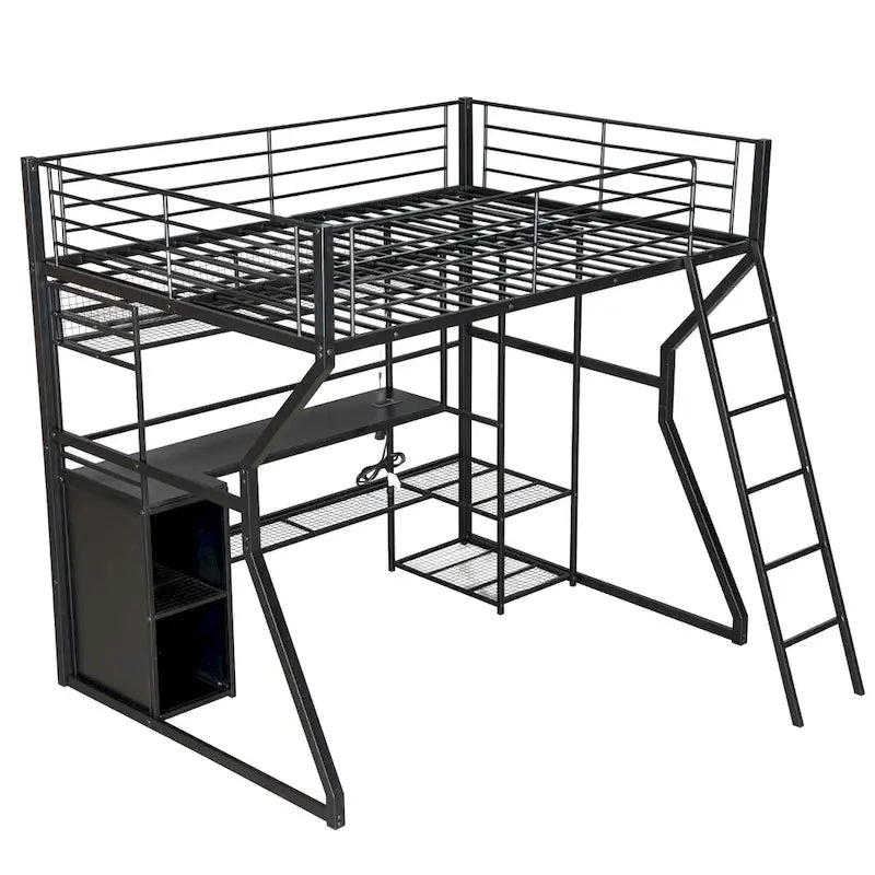 Lit mezzanine double en métal avec bureau, éclairage LED RVB, station de recharge, armoire ouverte et étagères de rangement