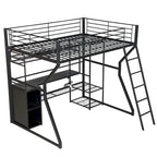 Lit mezzanine double en métal avec bureau, éclairage LED RVB, station de recharge, armoire ouverte et étagères de rangement