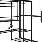 Lit mezzanine double en métal avec bureau, éclairage LED RVB, station de recharge, armoire ouverte et étagères de rangement