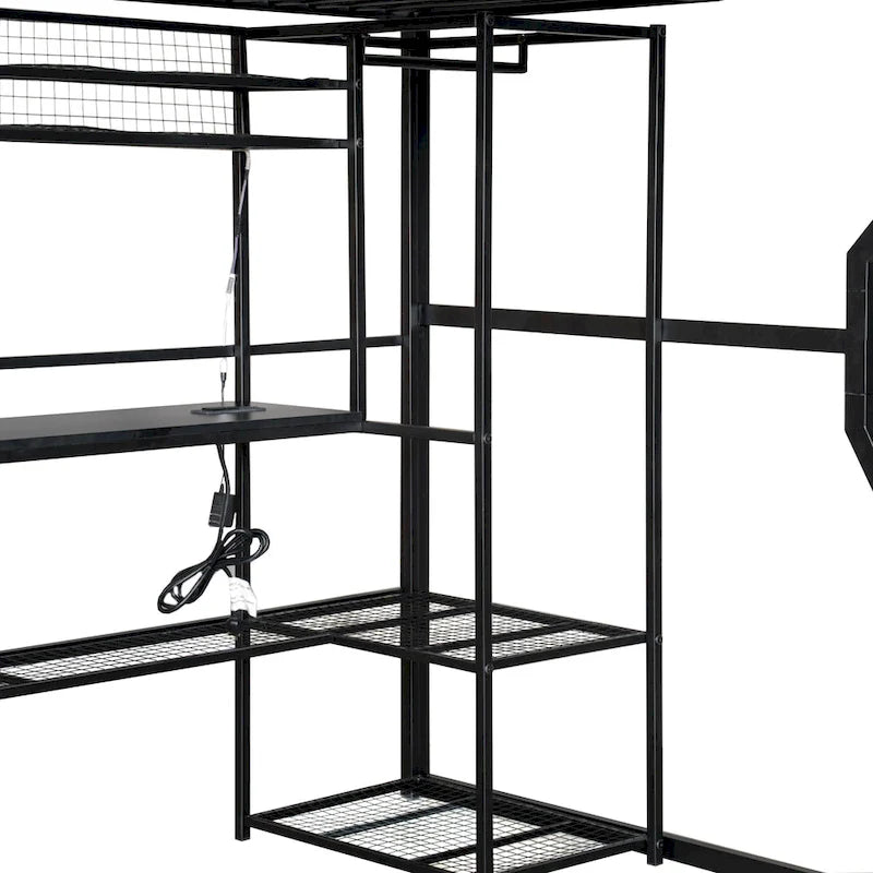 Lit mezzanine double en métal avec bureau, éclairage LED RVB, station de recharge, armoire ouverte et étagères de rangement
