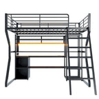 Lit mezzanine double en métal avec bureau, éclairage LED RVB, station de recharge, armoire ouverte et étagères de rangement