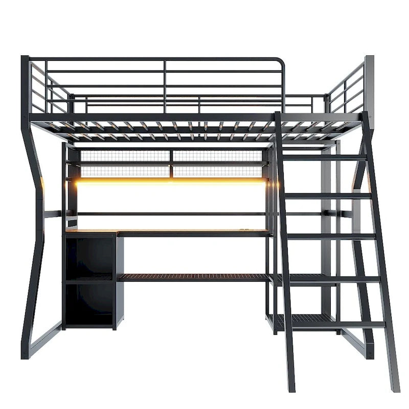 Lit mezzanine double en métal avec bureau, éclairage LED RVB, station de recharge, armoire ouverte et étagères de rangement