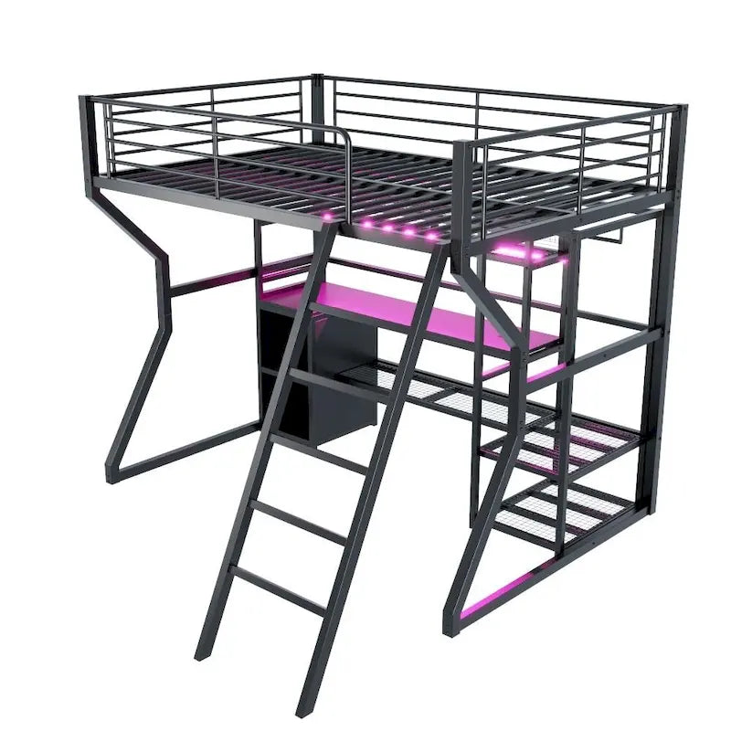 Lit mezzanine double en métal avec bureau, éclairage LED RVB, station de recharge, armoire ouverte et étagères de rangement