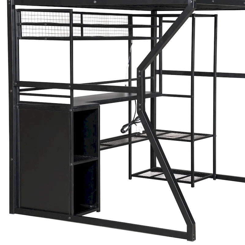 Lit mezzanine double en métal avec bureau, éclairage LED RVB, station de recharge, armoire ouverte et étagères de rangement