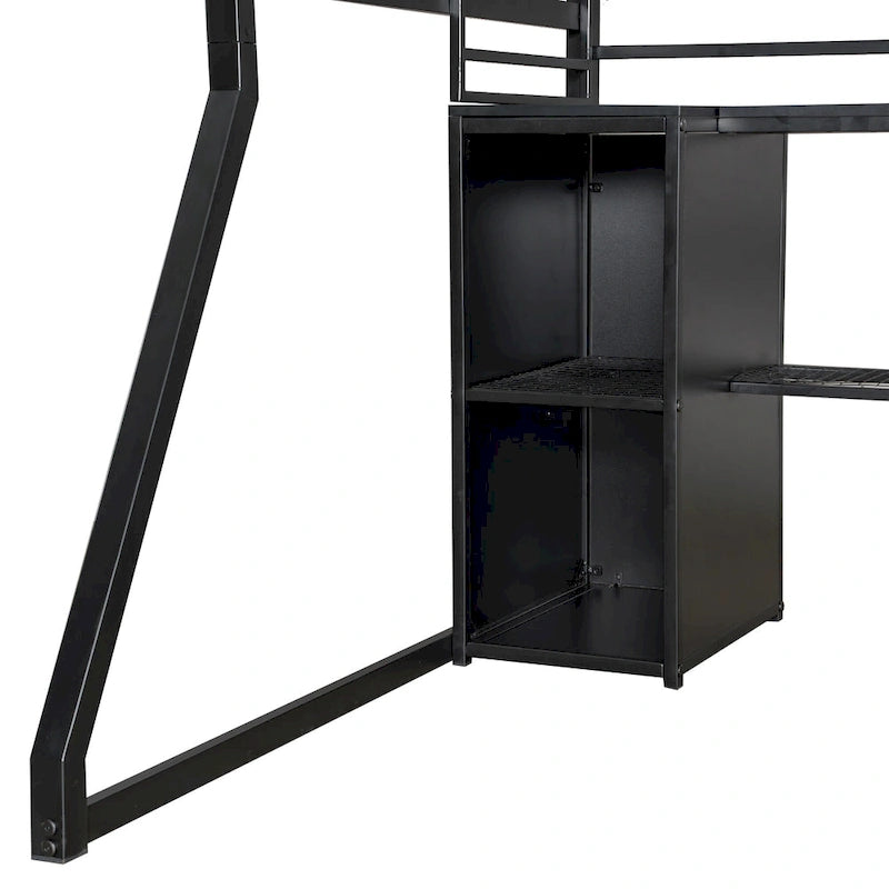 Lit mezzanine double en métal avec bureau, éclairage LED RVB, station de recharge, armoire ouverte et étagères de rangement
