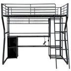 Lit mezzanine double en métal avec bureau, éclairage LED RVB, station de recharge, armoire ouverte et étagères de rangement