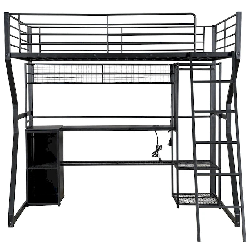 Lit mezzanine double en métal avec bureau, éclairage LED RVB, station de recharge, armoire ouverte et étagères de rangement