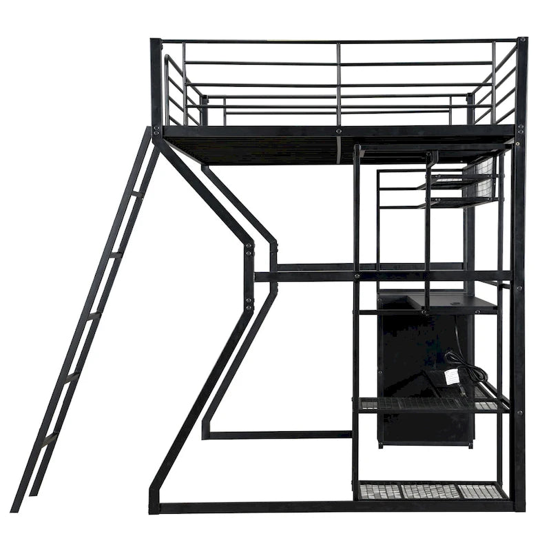 Lit mezzanine double en métal avec bureau, éclairage LED RVB, station de recharge, armoire ouverte et étagères de rangement