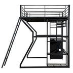 Lit mezzanine double en métal avec bureau, éclairage LED RVB, station de recharge, armoire ouverte et étagères de rangement